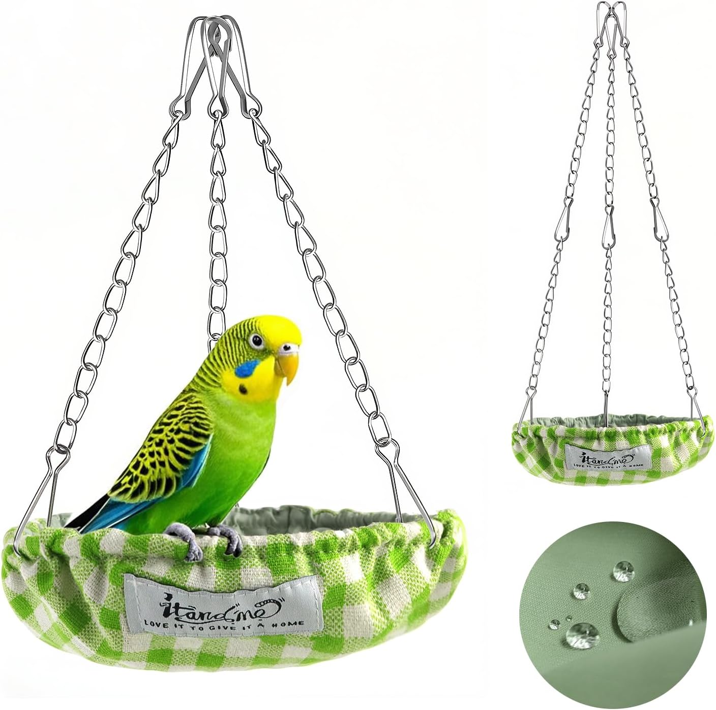 Waterproof Bird Bed with Adjustable Chain, Customizable Height Hanging Bird Hammock for Cage, Small Size Bird Nest with Durable Non-Collapsible Bottom, Bird Hut for Conures, Budgies (Green)