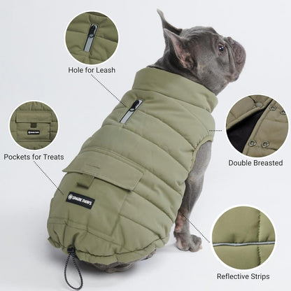 Spark Paws Dog Winter Jacket, Water-Resistant Coat, Warm Reflective Windproof Fleece-Interior, for Medium and Large Dogs - Olive - M