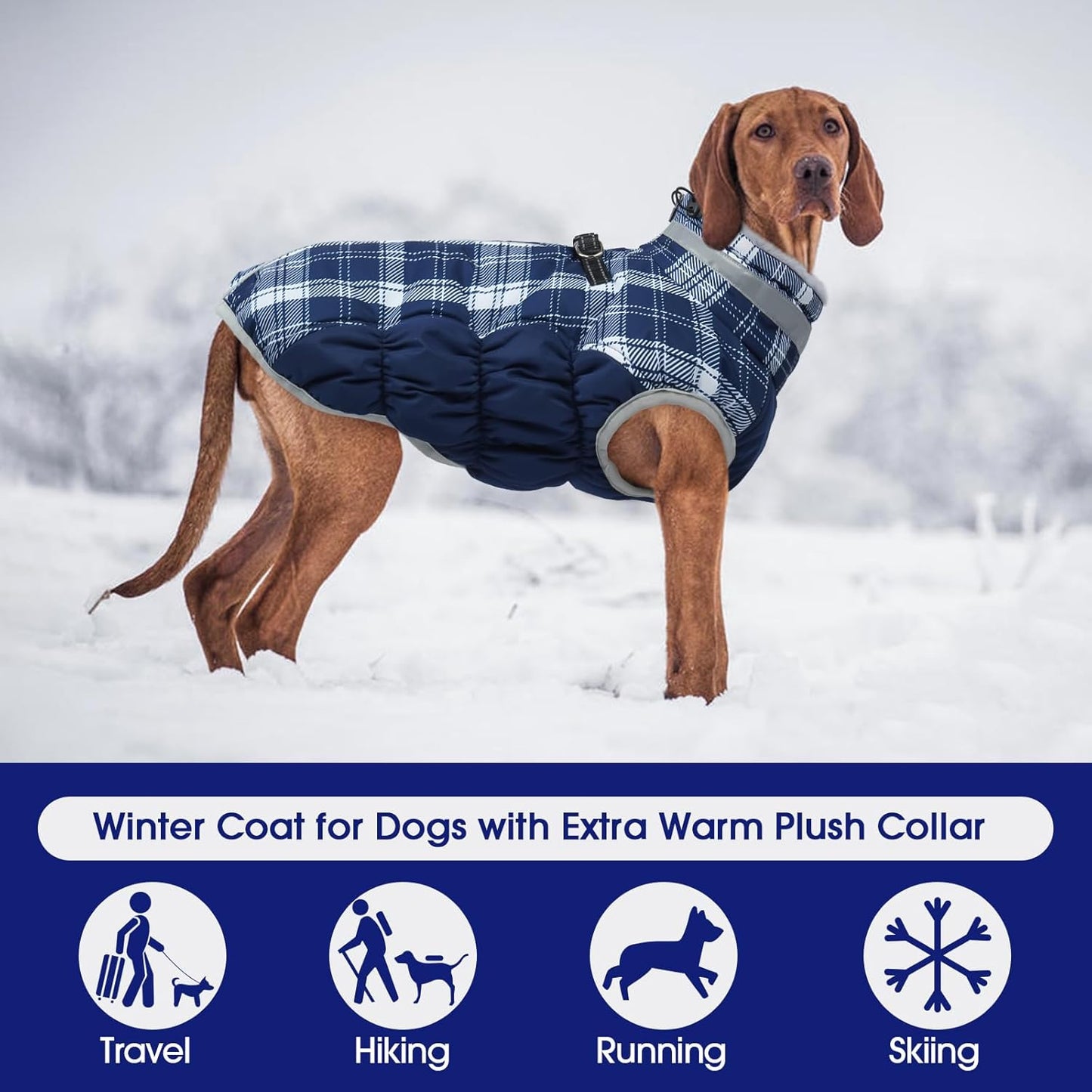 FUAMEY Dog Coat for Large Dogs,Waterproof Dog Winter Jacket with Harness Built in Puppy Cold Weather Coats Reflective Pet Vest with Zipper Warm Fleece Dogs Snowsuit Windproof Blue Plaid L