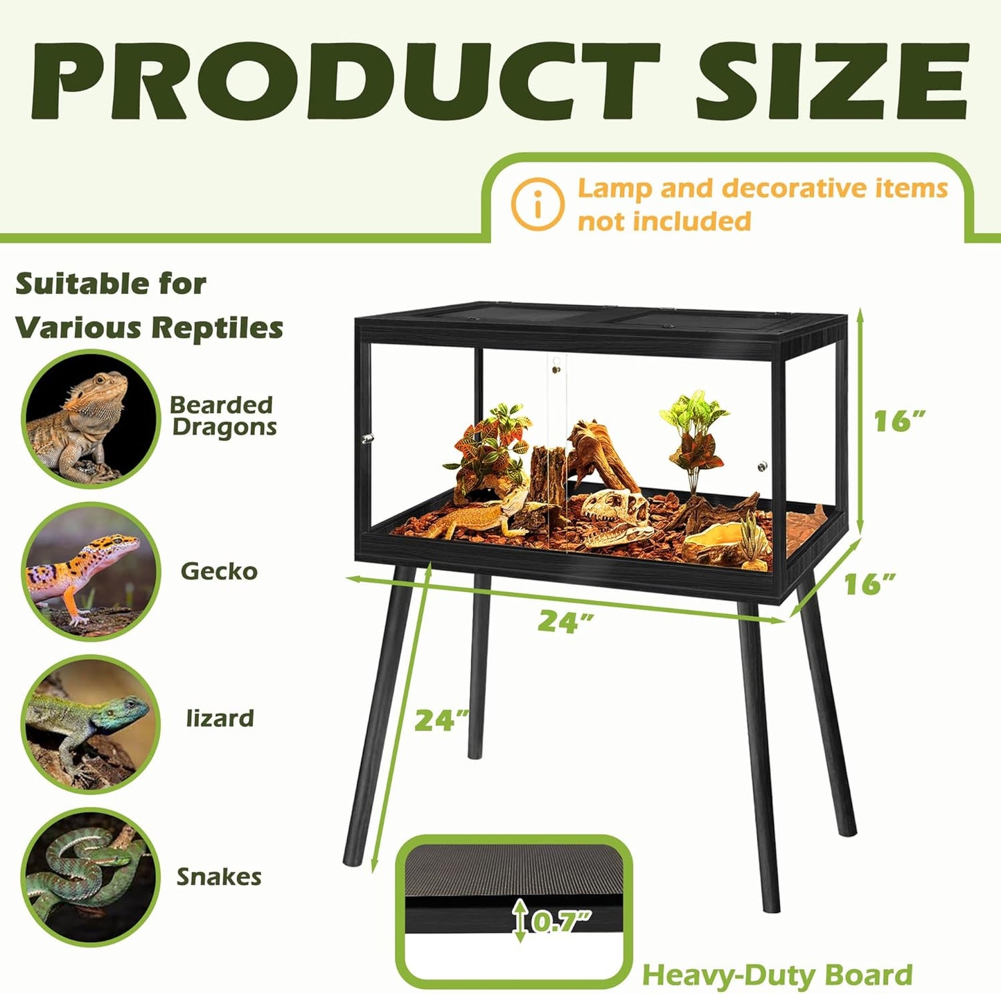 PROLEE Bearded Dragon Tank with Leg,Tempered Glass Lizard Tanks and Reptile Enclosure,Up to 78 Gallon Reptile Tank with Metal Mesh and Lockable Door for Snakes,Chameleon (Black, 24Gallons,24inch)