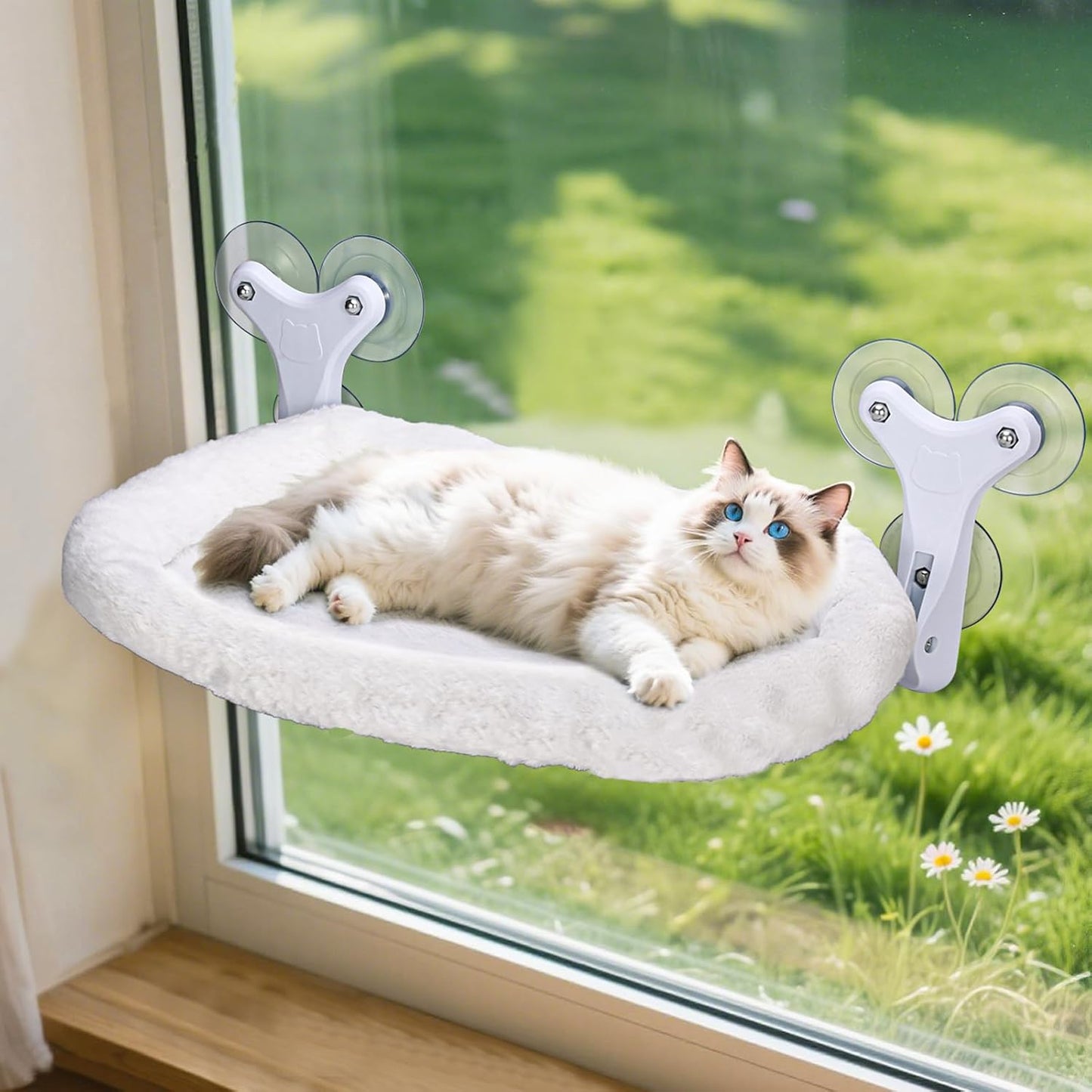 Cat Window Perch with 6 Strong Suction Cups,Includes Summer and Winter Removable Cushion - No Drill Installation,50LBS Support Foldable Cordless Cat Beds for Indoor Cats(Medium)