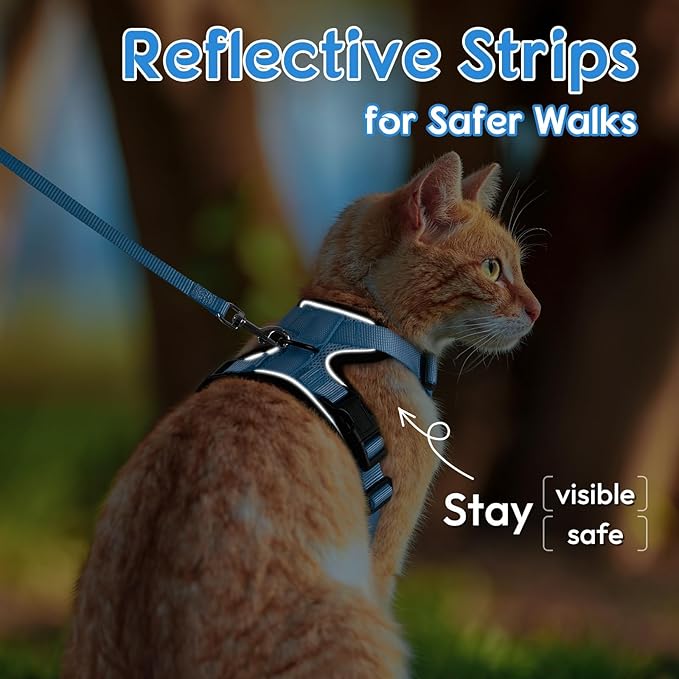 Dooradar Cat Harness and Leash Set, Escape Proof Safe Adjustable Kitten Vest Harnesses for Walking, Easy Control Soft Breathable Mesh Jacket with Reflective Strips for Cats, Light Blue, XXS