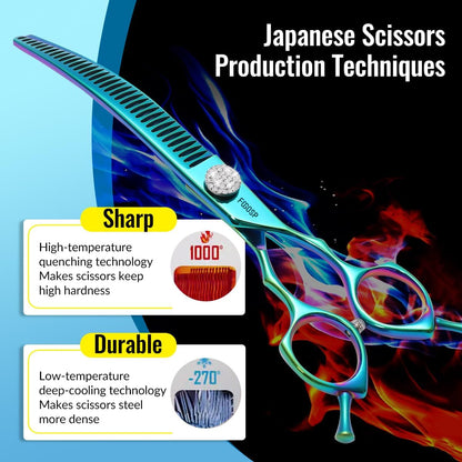 Professional Curved Thinning Shears Dog Grooming Scissors 7.5'' Blue Green Curved Chunkers Shears for Grooming Large Dogs Pet 35 Teeth Japan 440C(Curved Chunkers,Turquoise)