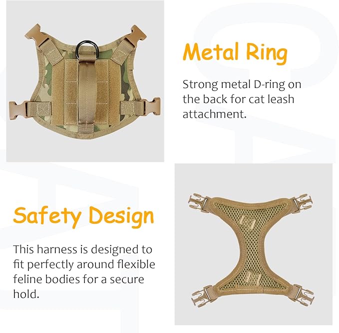 Tactical Cat Harness for Walking, Adjustable Escape Proof Pet Vest for Large Cat,Easy Control Breathable Cat Vest with Handle，Molle Patches (camo Khaki, L)