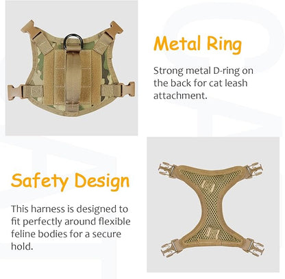 Tactical Cat Harness for Walking, Adjustable Escape Proof Pet Vest for Large Cat,Easy Control Breathable Cat Vest with Handle，Molle Patches (camo Khaki, L)