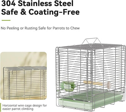 Bird Carrier Travel Cage - 304 Stainless Steel Portable Folding Bird Travel Cage with Parrot Feeder Cups & Standing Perch for Smaller Birds Conures Lovebird Cockatiel Parakeets (Green)