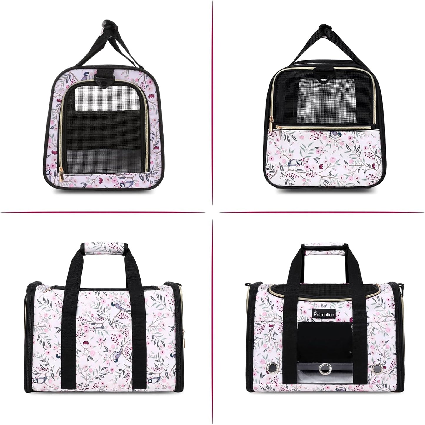 Petmolico Cat Carrier Soft-Sided Pet Bag for Small Medium Cats Puppies 16LBs - Airline Approved Pet Travel Carrier 3 Open Doors (Medium,Mixed Pink)