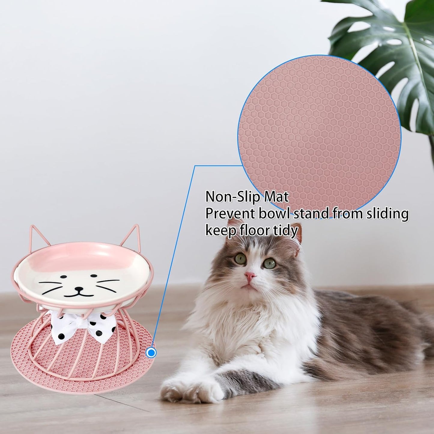 2PCS Ceramic Shallow Cat Food Dishes with Non-Slip Mat, Elevated Cat Food Bowl with Raised Metal Stand, Small Dog Bowl, Whisker Fatigue Pet Food Plate, Dishwasher Safe