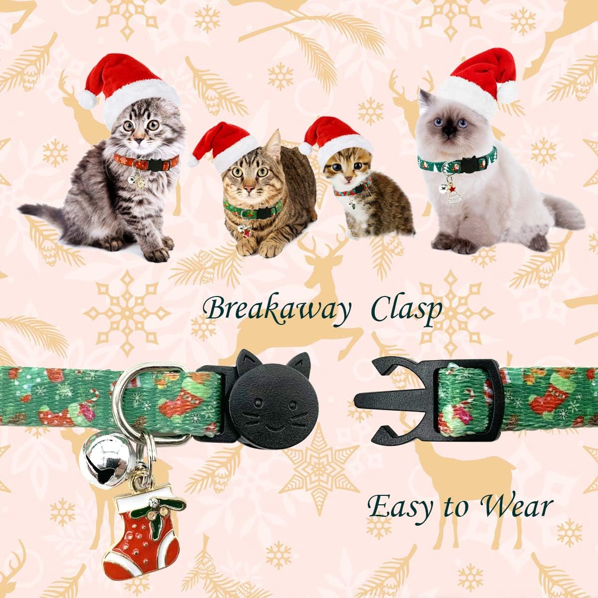 Christmas Cat Collar Set - Xmas Cat Adjustable Breakaway Collars with Bells & Charms 4Pcs Per Set