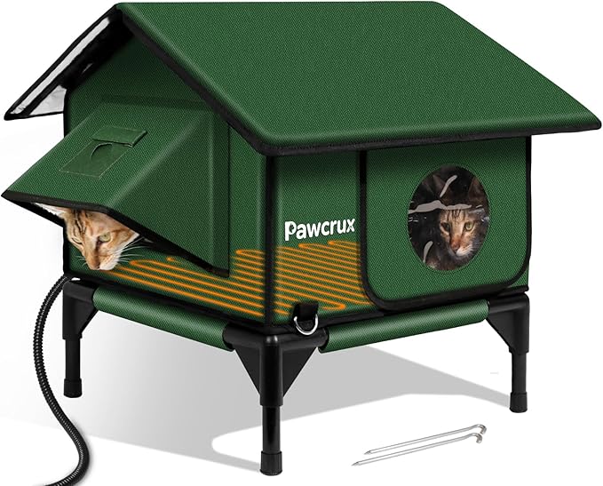 100% Waterproof Heated Cat House for Outdoor Cat with Safe Escape Door, Cat Bed Weatherproof Cat Shelter Kitty with Cat Heating Pad, Insulated Warm House for Feral Cat(Green, 16"x16"x19.3")