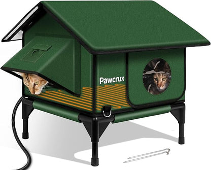 100% Waterproof Heated Cat House for Outdoor Cat with Safe Escape Door, Cat Bed Weatherproof Cat Shelter Kitty with Cat Heating Pad, Insulated Warm House for Feral Cat(Green, 16"x16"x19.3")