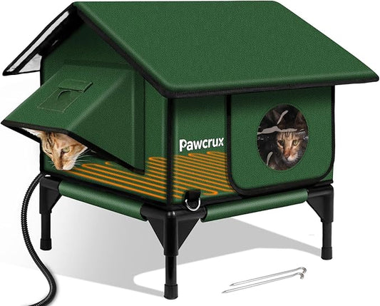 100% Waterproof Heated Cat House for Outdoor Cat with Safe Escape Door, Cat Bed Weatherproof Cat Shelter Kitty with Cat Heating Pad, Insulated Warm House for Feral Cat(Green, 16"x16"x19.3")