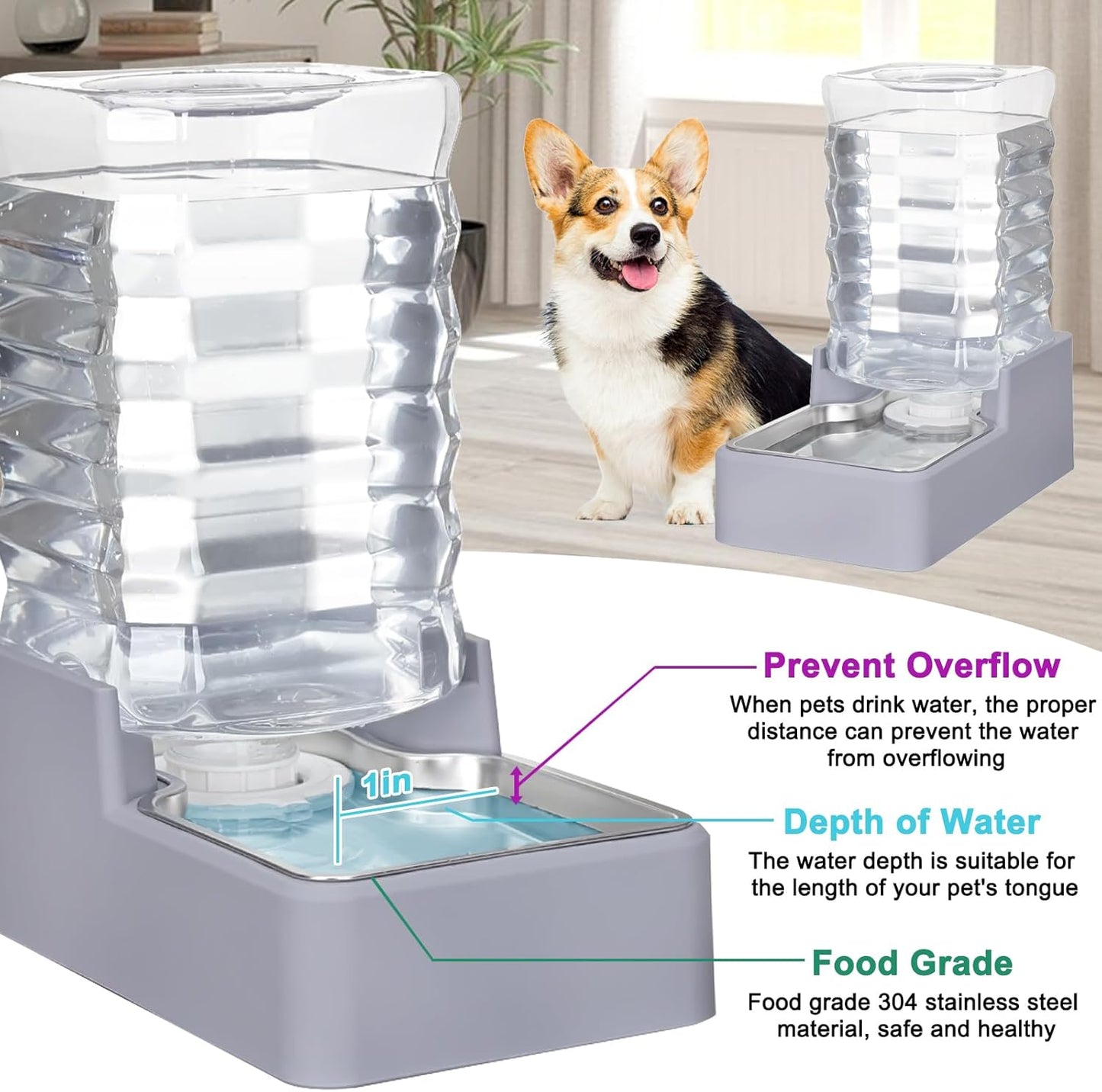 Sfozstra Automatic Dog Water Dispenser: 8L Large Gravity Light Gray Waterer with Stainless Steel Bowl - 100% BPA-Free - Suitable for Pet Owners Garden/Apartment