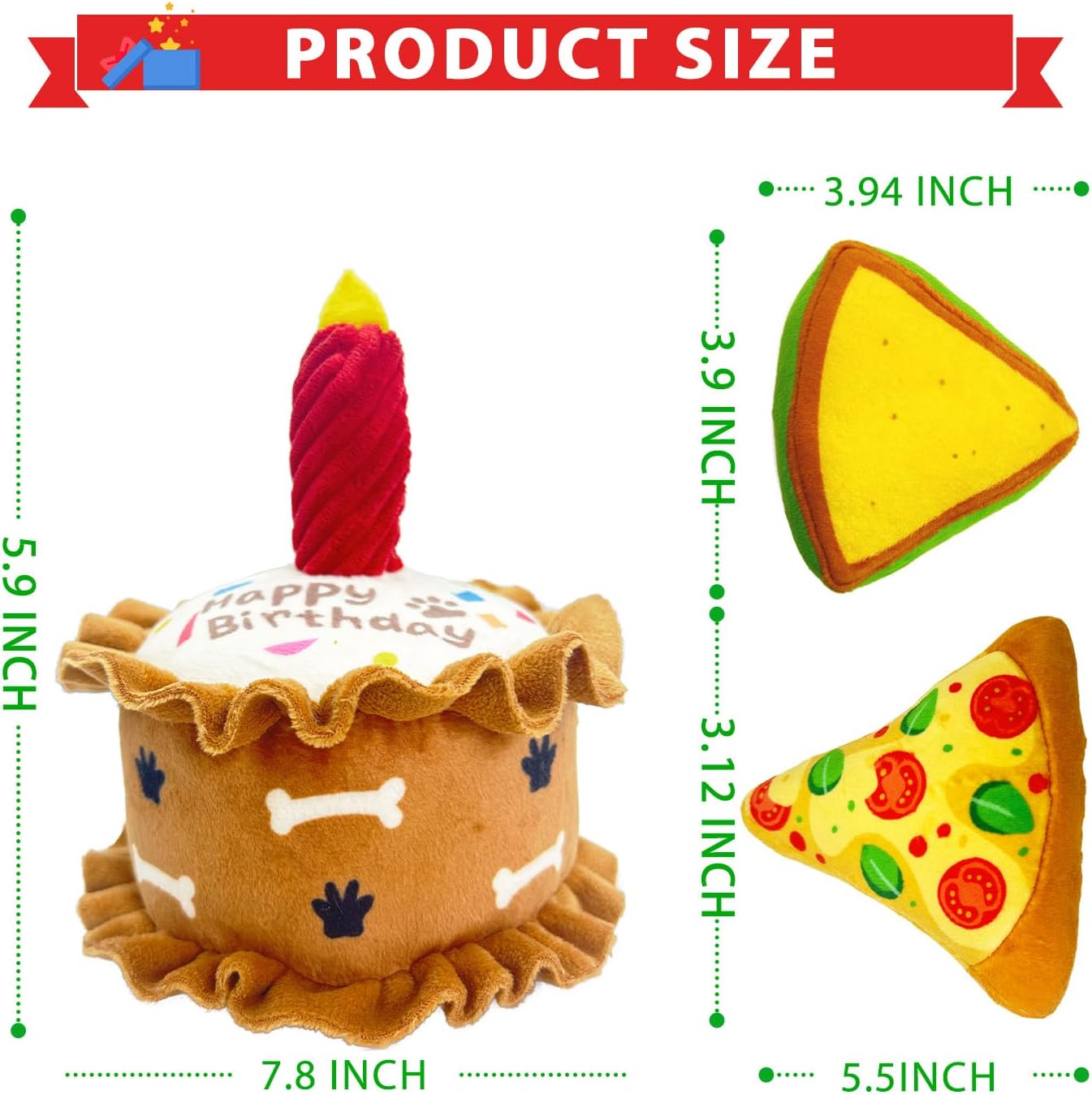 Birthday Squeaky crinkly Cake Aggressive chew for pups Sandwiches Pizza Party Dog Toy Colorful Playset to Keep Your Furry Friend Busy with 3 Pack Dog Toys for Birthday Gift Toys
