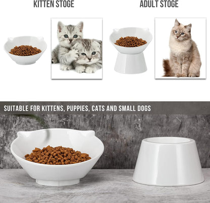 Detachable Elevated Cat Bowls, 15° Tilted Raised Cat Food Bowl Anti-Vomiting, Whisker Friendly, Adjustable Pet cat Dishes for Protecting Spine, Adult Kitten (White)