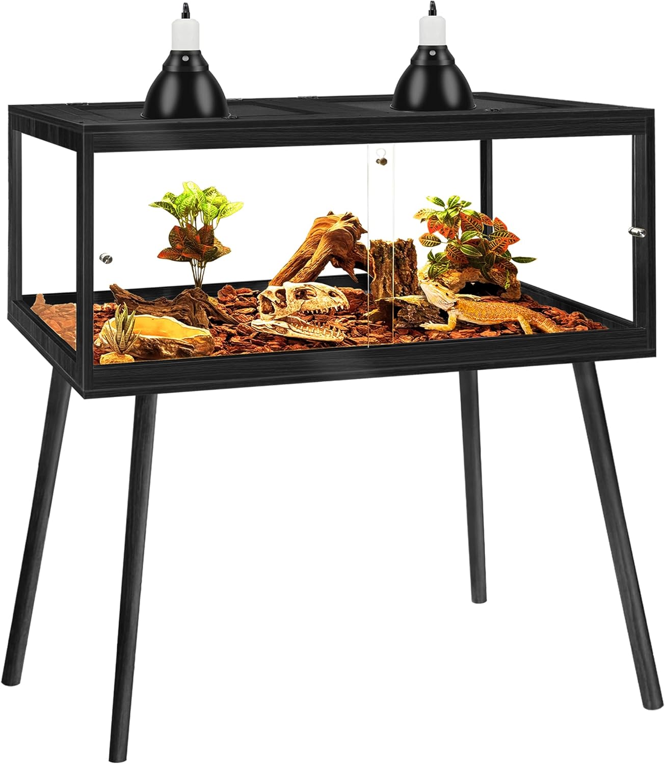 Prolee Bearded Dragon Tank with Leg Stand,Wooden Lizard Tank,Reptile Tank with Metal Mesh Roof Door, Acrylic Panel Snake Tank with Lock Design (Black, 48"x20"x20")