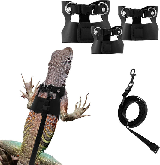Bearded Dragon Harness Leash 3 Size Adjustable Soft Reptile Leash Retractable Bearded Dragon Vest Training Walking Lizard Traction Rope for Outdoor Small Animal Rabbit Squirrel (Black)