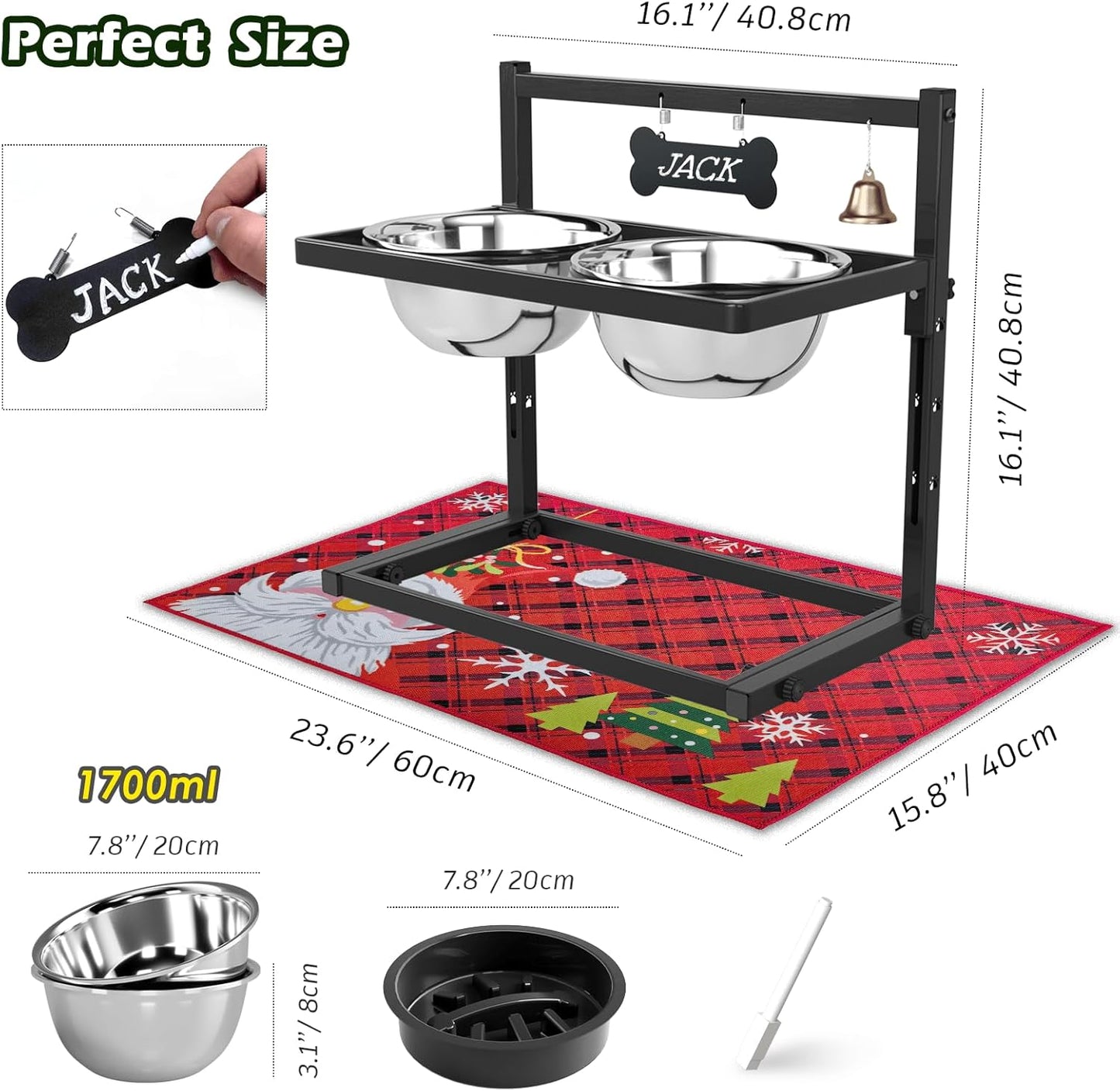 SHAINFUN Christmas Elevated Slow Feeder Dog Bowls with Mat for Large Dogs, Adjustable Height, Tall Raised Dog Food Water Bowl Stand Gift for Dogs