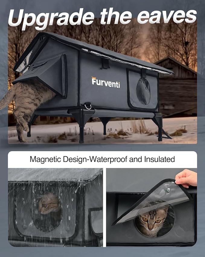 Heated Cat House for Outside,Extremely Weatherproof&Insulated in Winter,Elevated Outdoor Cat Shelter with Waterproof Eaves&Escape Door for Feral Stray Barn Cats(Dark Grey,L)