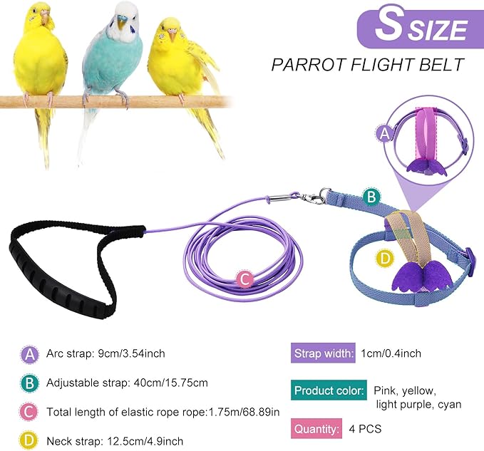 4 Pieces Pet Parrot Bird Harness Leash Adjustable Bird Flying Harness Traction Rope with Cute Wing for Parrots Pigeons Budgerigar Lovebird Outdoor Training Toy (Pink, Yellow, Light Purple, Cyan,S)