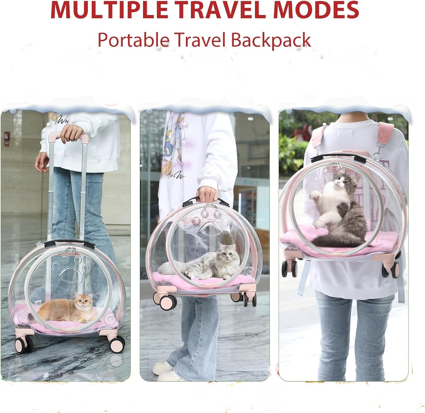 Transparent & Fully Breathable Hard cat Carrier with Rolling Wheels for Dogs, Cats, Multiple Carrying Options, Perfect for Traveling/Taking a Walk