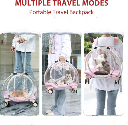 Transparent & Fully Breathable Hard cat Carrier with Rolling Wheels for Dogs, Cats, Multiple Carrying Options, Perfect for Traveling/Taking a Walk