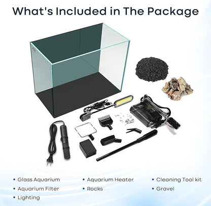 5 Gallon Small Aquarium Set Glass Fish Tank 6 Gallon, Starter Kit with Heater Self Cleaning System Filter Bright Light Rocks Gravel Cleaning Tool, Leak-Proof Clear Rimless Betta Plants