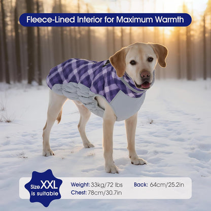 FUAMEY Dog Coat for Small Dogs,Waterproof Dog Winter Jacket with Harness Built in Puppy Cold Weather Coats Reflective Pet Vest with Zipper Warm Fleece Dogs Snowsuit Windproof Purple Plaid XS