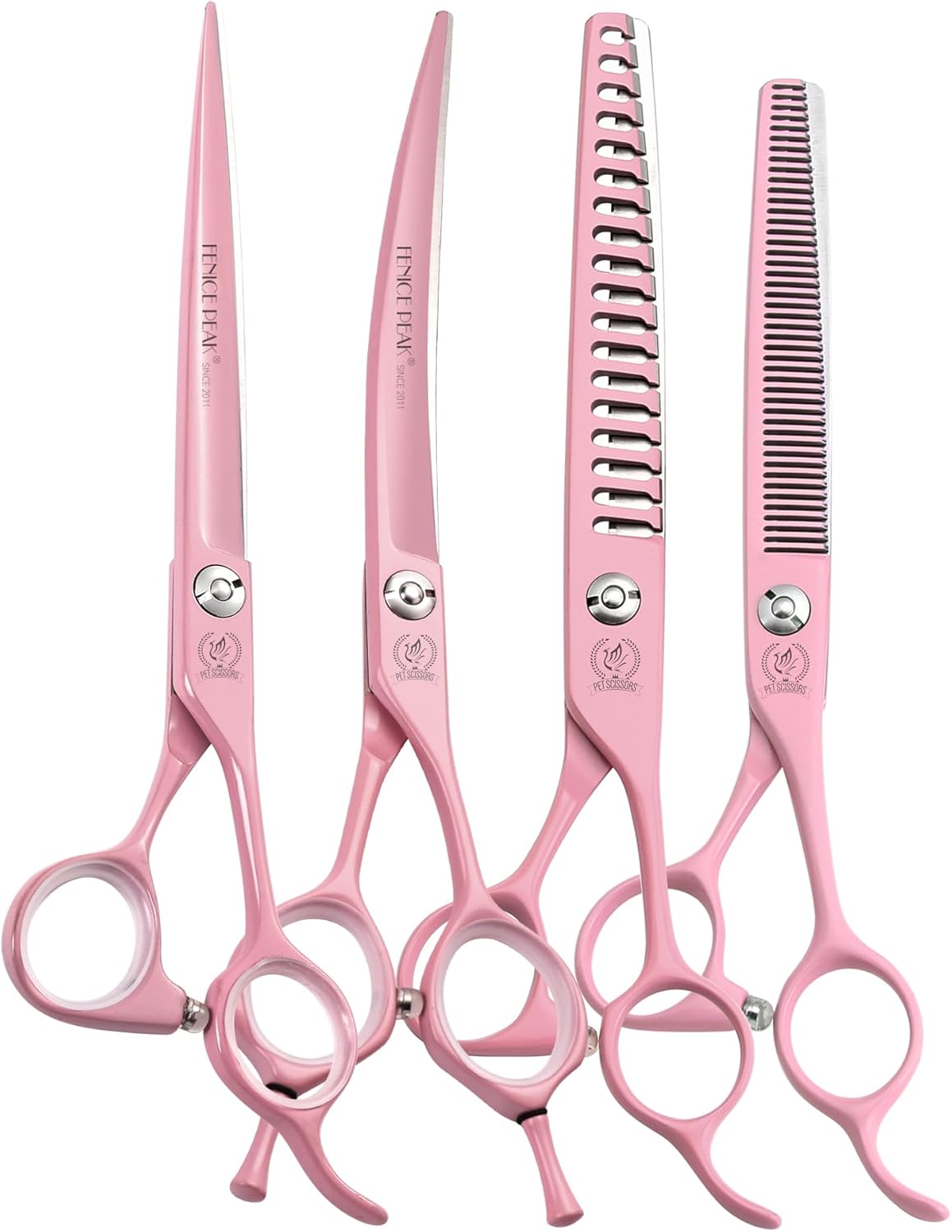 Fenice Peak 7" Professional Dog Grooming Scissors Set, Japanese 440C Stainless Steel Straight Thinning Curved Chunker Shears for Pet Grooming, Trimming Face, Paws, Pink