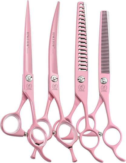 Fenice Peak 7" Professional Dog Grooming Scissors Set, Japanese 440C Stainless Steel Straight Thinning Curved Chunker Shears for Pet Grooming, Trimming Face, Paws, Pink
