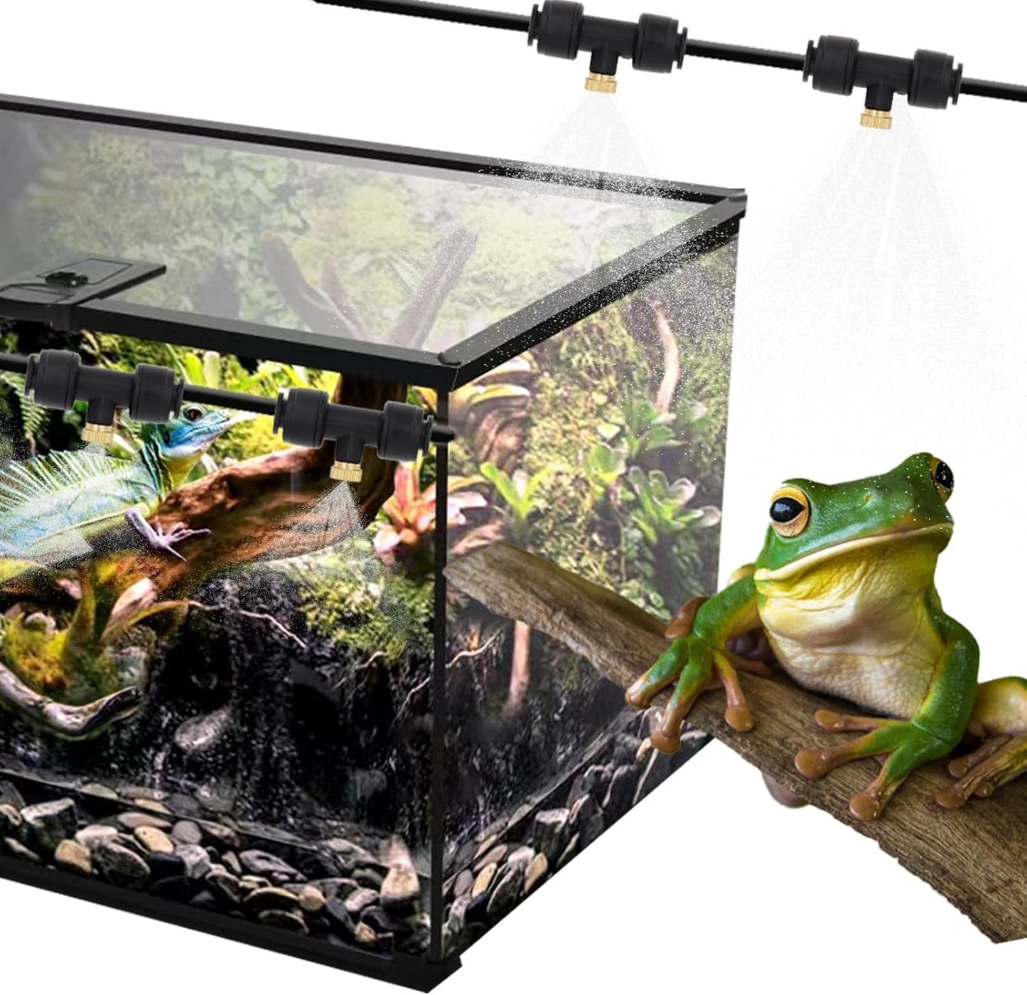 Reptile Terrariums Misting Accessories kit, Reptile Mister Nozzles, with 10 Misting Nozzle, 5 Brass Plugs, 3 Plugs, 1 Misting System Filter, 16ft 1/4 inch Tube, Black