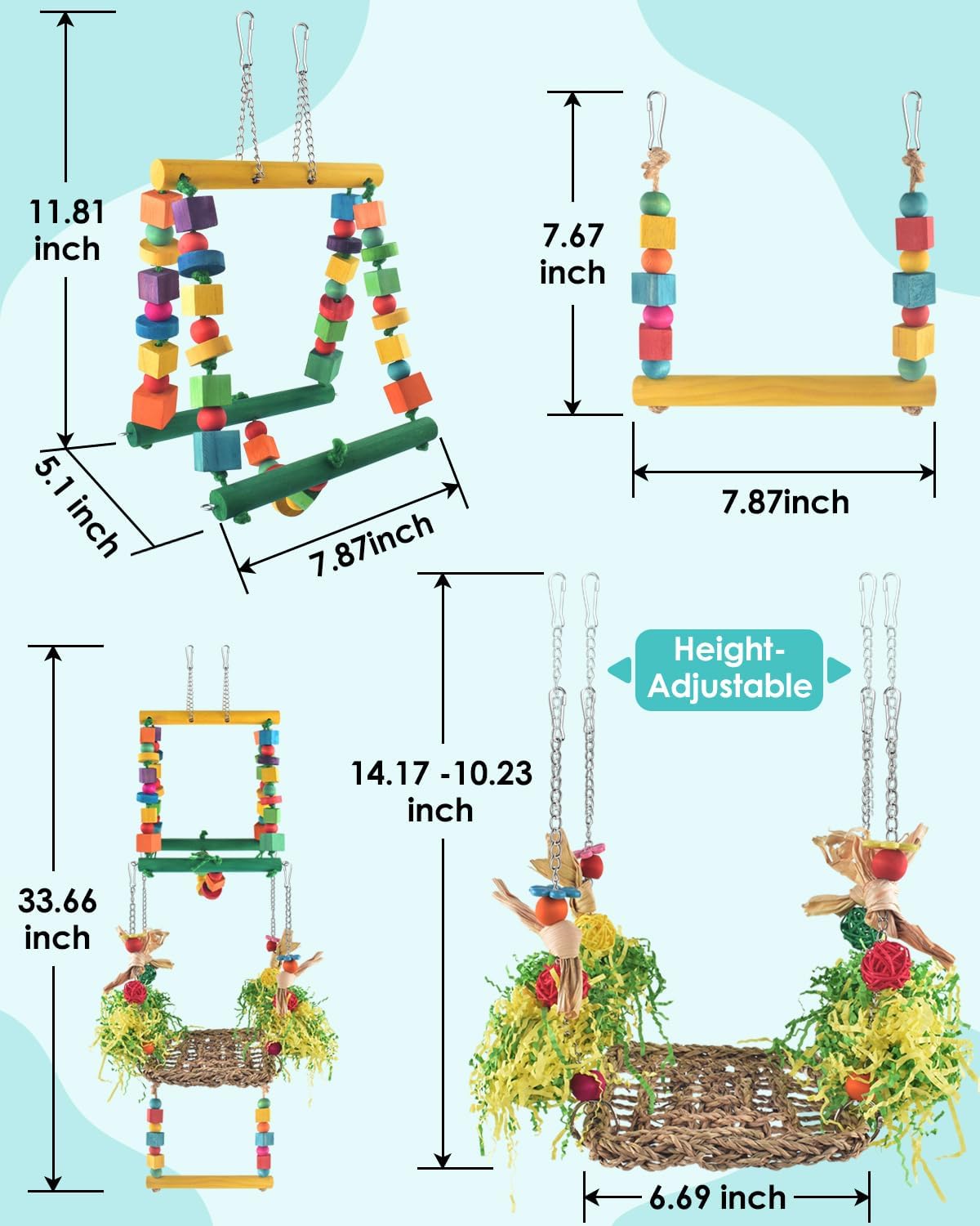 Bird Hammock Toys Parakeet Perches Swing, 3in1 Detachable Parrot Cage Accessories, Wooden Hanging Chew Toys for Small to Large Conure Cockatiel Quaker African Grey