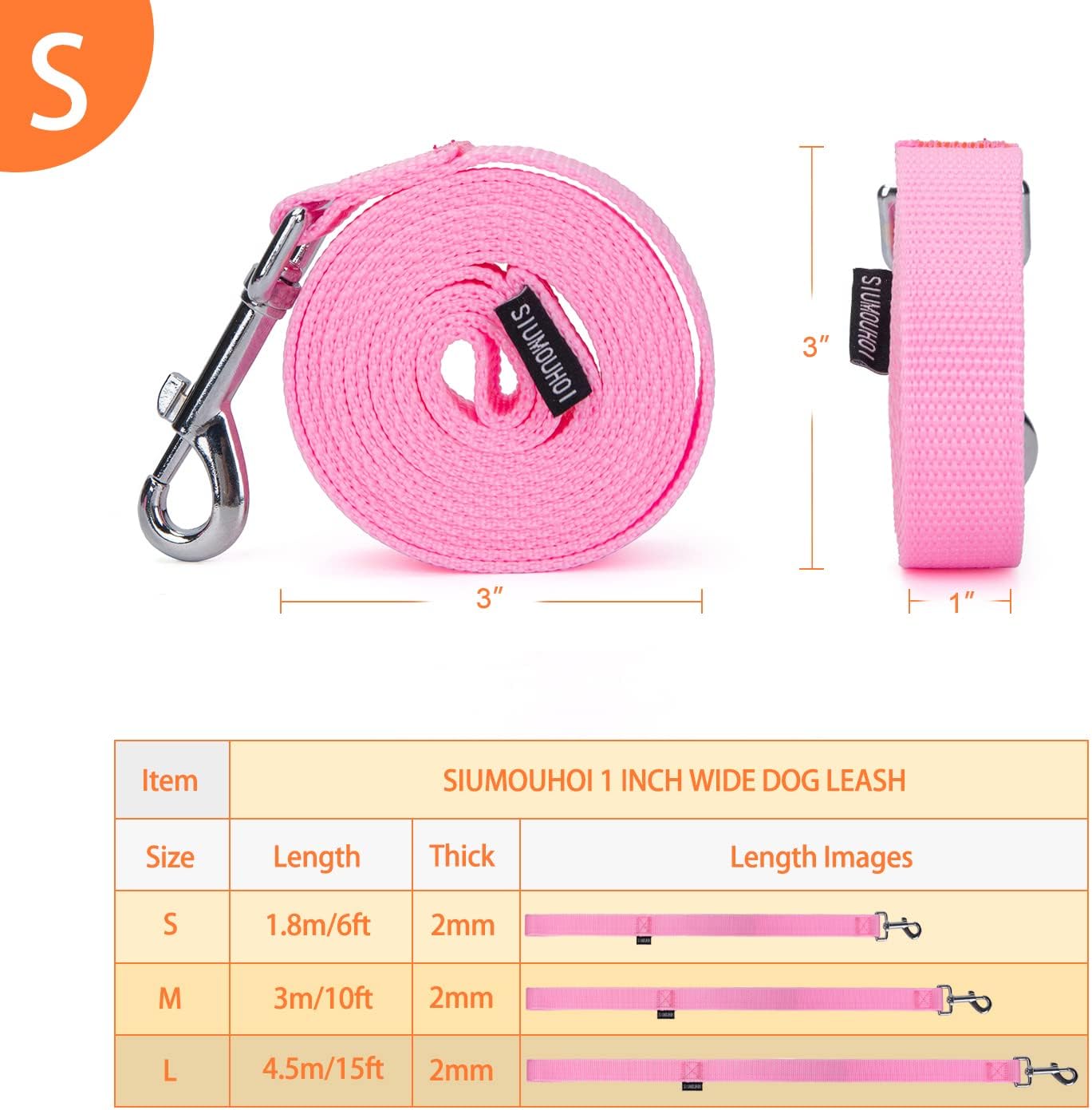 Strong Durable Nylon Dog Training Leash, 1 Inch Wide Traction Rope, 6 ft Long, for Small and Medium Dog (Pink, 6 Feet)