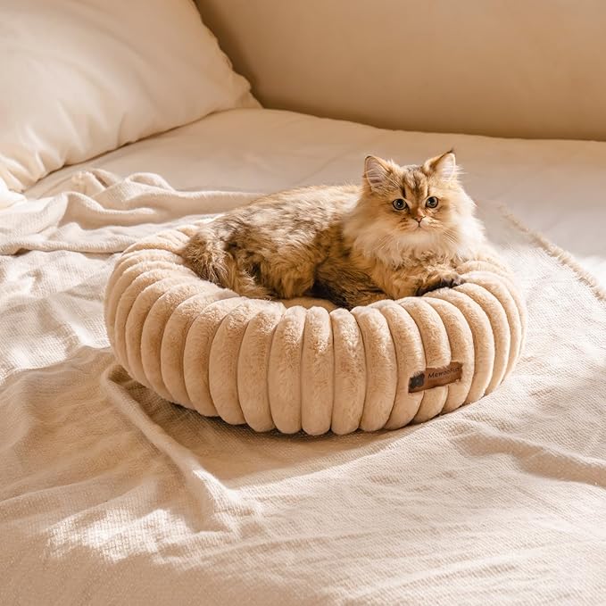 MEWOOFUN Cat Bed, Washable Beds for Indoor Cats, Cute Donut Bed Fluffy Pet Bed with Non-Slip Bottom, Calming Round Bed for Puppy and Kitten (Light Brown)