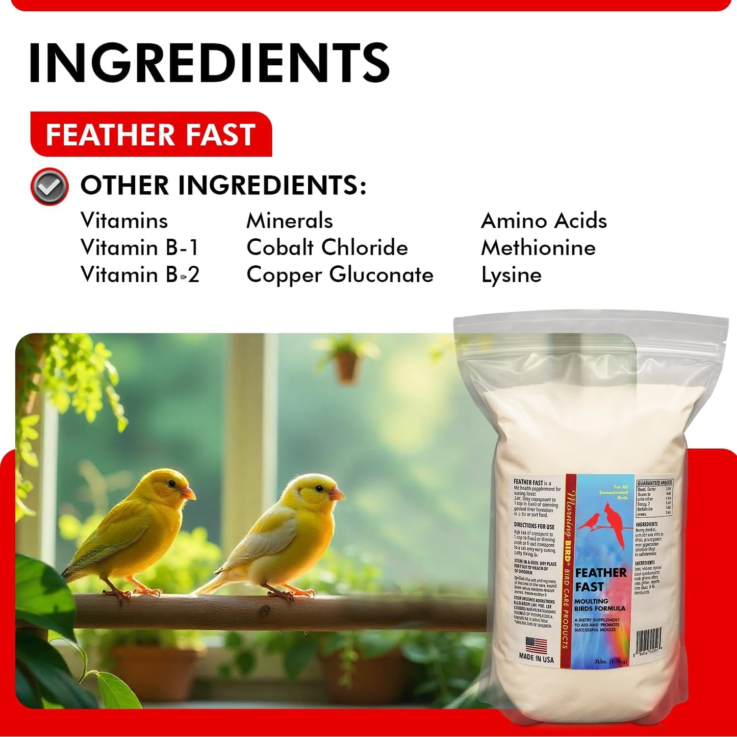 Morning Bird Feather Fast 3 lbs – Multi-Vitamin During Molt - Molting Support Supplement for Bird – Amino Acid & Vitamin Powder Formula– Promotes Feather Growth, and Full Plumage – for All Adult Birds