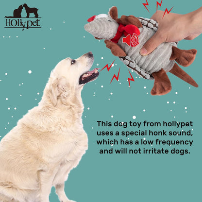 Hollypet Plush Dog Squeaky Toy Stuffed Armadillo Animal Pet Puppy Chew Toys with Clean Teeth for Small Medium Large All Breed Sizes Dogs, Christmas Gray, 8 in