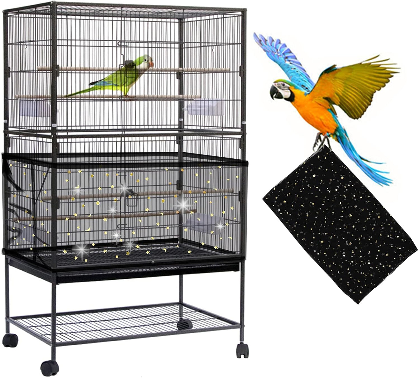 Daoeny Large Bird Cage Cover, Bird Cage Seed Catcher, Adjustable Soft Nylon Mesh Net with Twinkle Moon Star, Birdcage Cover Skirt Seed Guard for Parrot Parakeet Macaw Round Square Cages (Black)