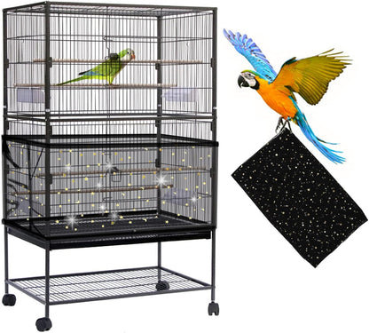 Daoeny Large Bird Cage Cover, Bird Cage Seed Catcher, Adjustable Soft Nylon Mesh Net with Twinkle Moon Star, Birdcage Cover Skirt Seed Guard for Parrot Parakeet Macaw Round Square Cages (Black)