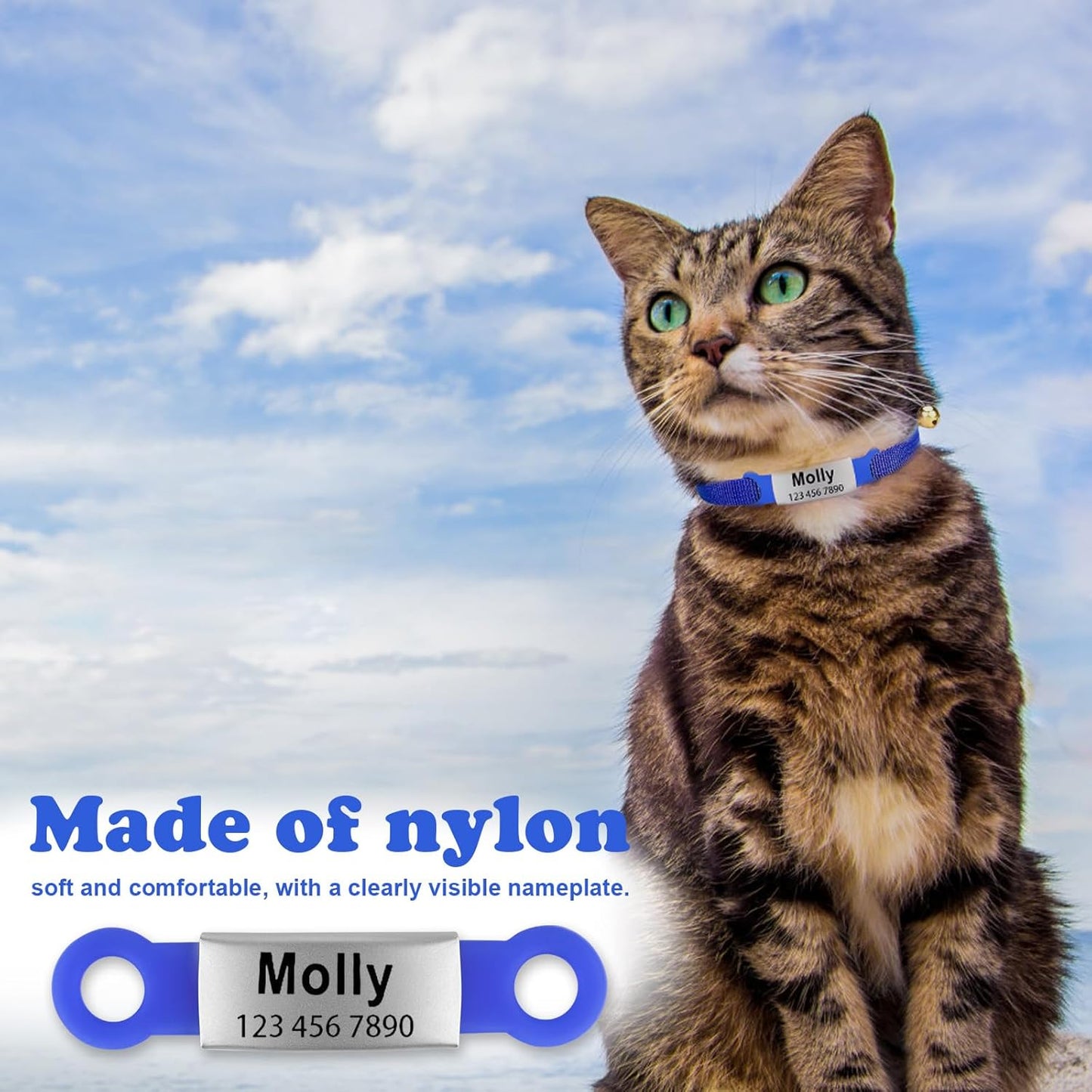 Personalized Engraved Cat Collar Multiple Colors with Slide-in Pet ID Tag Adjustable Detachable Design Colorful Nylon Soft and Durable 2/5" Wide，7"-11" Long (Colorful)