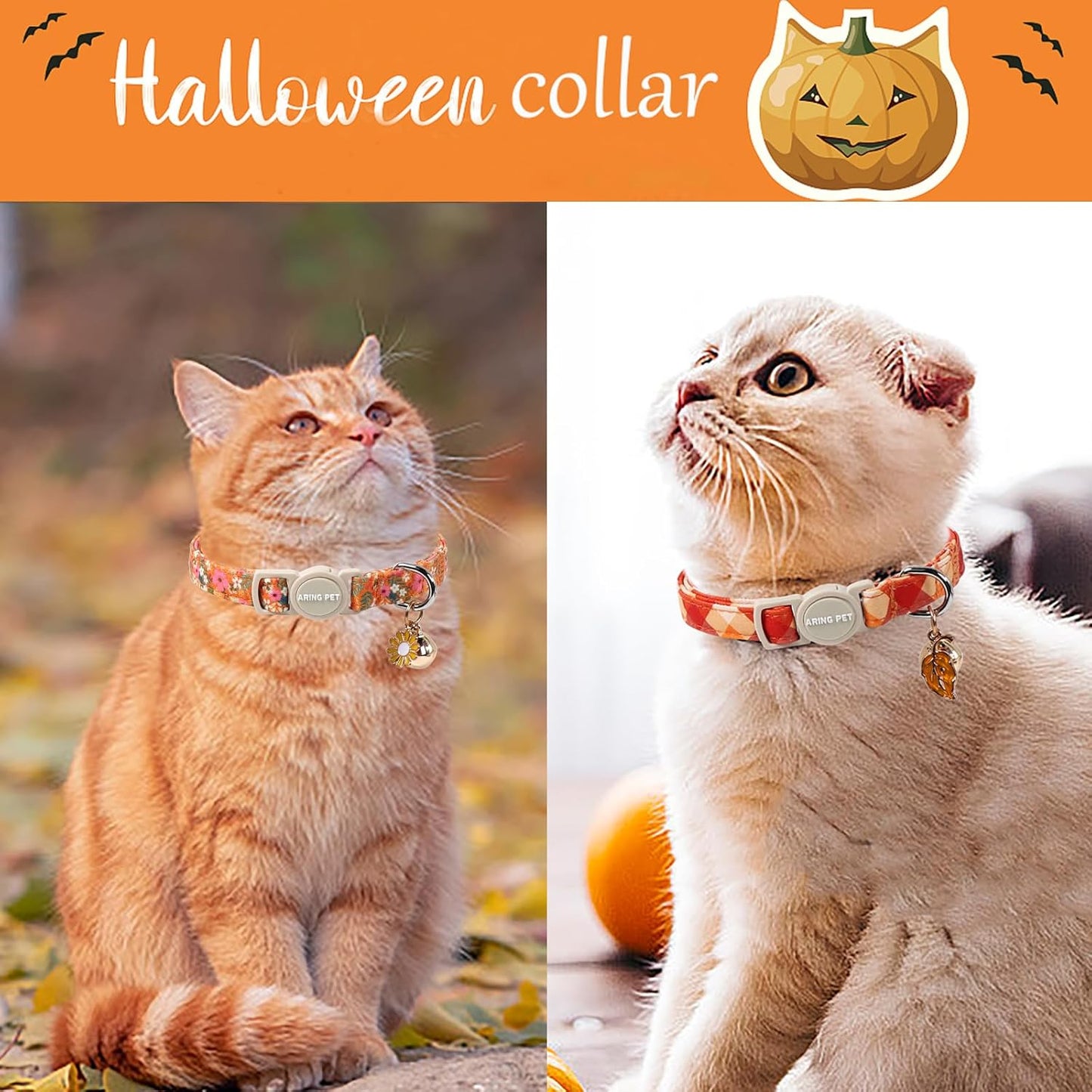 ARING PET 2 Pack Cat Collars, Breakaway Cotton Fall Halloween Kitten Collar with Bells for Girl Boy Cats Floral & Orange Plaid