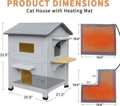 Rockever 2 Story Heated Cat House for Outside in Winter, 100% Waterproof Heated Cat House for Outdoor Cats with Heating Pad, Elevated Outdoor Cat House, Safe Escape Door for Outdoor Cats