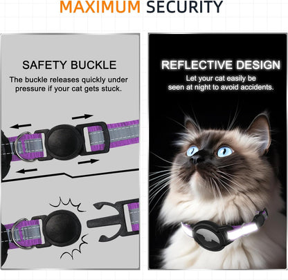 Airtag Cat Collar Breakaway, Odokele Reflective Cats Collars with Apple Air Tag Holder for Kitten, Cat GPS Tracker Adjustable Collars with Safety Quick Release Buckle for Kitties and Puppies - Purple