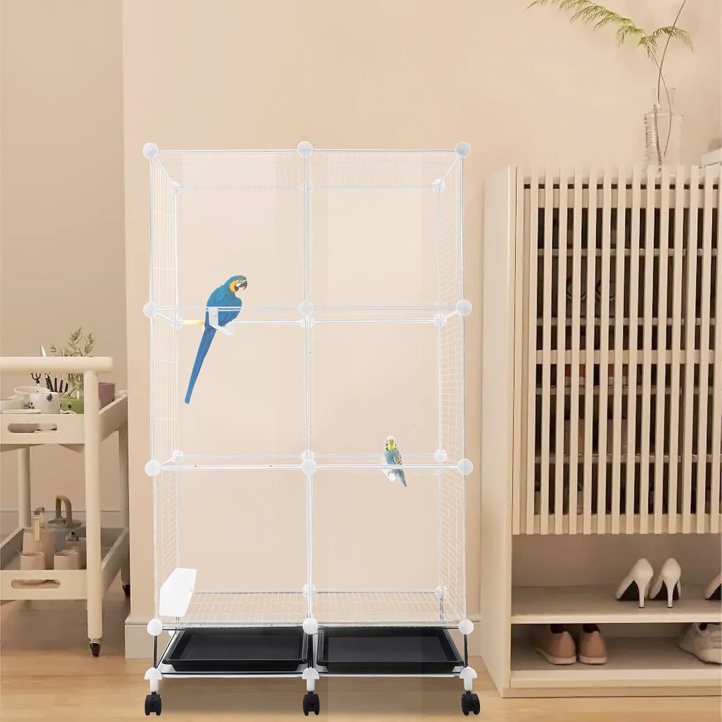 49" H Wrought Iron Bird Cage Parrot Cage, 3-Tier Movable Birdcage Parakeet Cage w/Wheels, 360° View Spacious Interactive Bird House Pet Bird Flight Cage for Medium&Small Birds (Transparent)