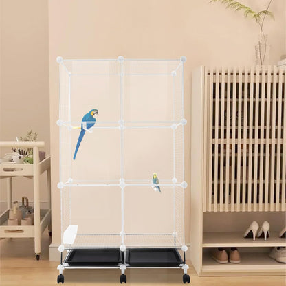 49" H Wrought Iron Bird Cage Parrot Cage, 3-Tier Movable Birdcage Parakeet Cage w/Wheels, 360° View Spacious Interactive Bird House Pet Bird Flight Cage for Medium&Small Birds (Transparent)