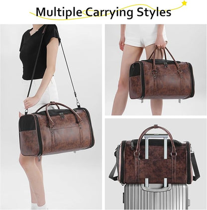 Stylish Leather Pet Carrier for Small Dogs and Cats Up to 15 lbs, Airline Approved Lightweight Travel Tote with Breathable Mesh and Shoulder Strap Coffee