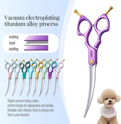 Professional Curved Dog Grooming Scissors with Sharper Self Grinding lightweight and finely trimmed split structure 6.5'' Japan VG10 63HRC for small dogs cat pet(Purple)