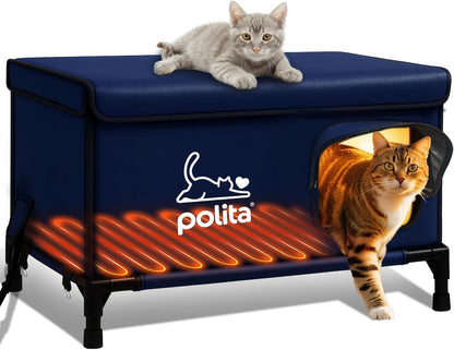 Rugged Heated Cat House for Outdoor Cats in Winter, Extremely Insulated & 100% Weatherproof, Elevated Feral Cat Shelter with Waterproof Eaves & Safe Escape Door for Stray & Barn Cats