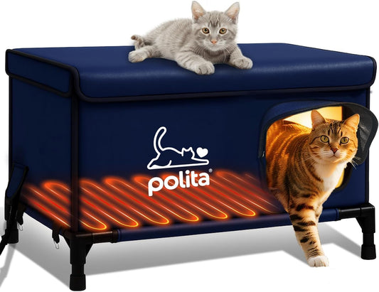 Rugged Heated Cat House for Outdoor Cats in Winter, Extremely Insulated & 100% Weatherproof, Elevated Feral Cat Shelter with Waterproof Eaves & Safe Escape Door for Stray & Barn Cats