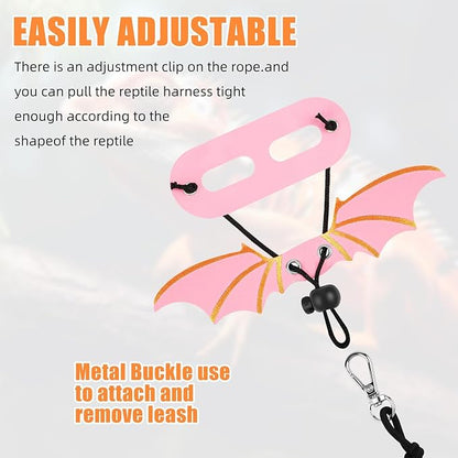 3PCS Pink Bearded Dragon Harness and Leash, Adjustable Lizard Harness with Wings for Reptile Lizard, Amphibians, Outdoor Walking Vest with Traction Rope (S, M, L)