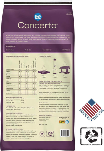 Blue Seal Concerto Wild Bird Seed | Premium High-Energy Blend | No Fillers, Corn-Free | Attracts a Wide Variety of Wild Outside Birds | Convenient Shell-Free Mix | Made in USA | 20 Pound Bag